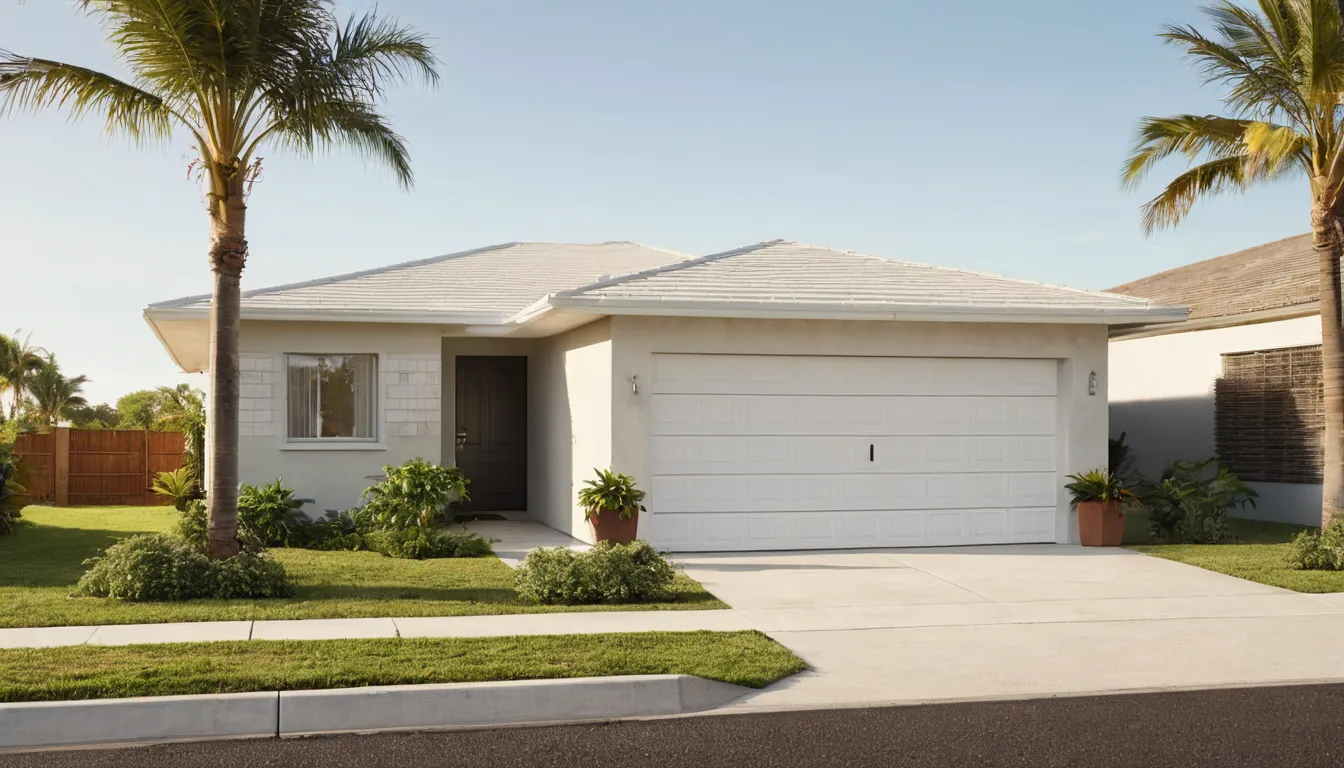 A garage door and driveway at a Temple Terrace home on a bright, humid day